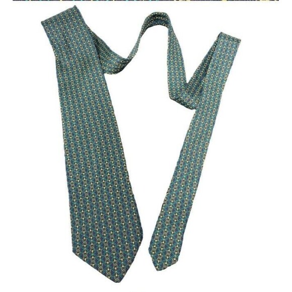 BALENCIAGA 100% Silk Necktie Lux Tie Horse Bit Classic Green Gold Classy Vintage - Picture 3 of 8